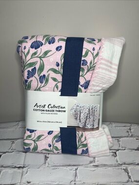 Artist Collection Pink Floral Cotton Gauze Throw with Plush Reverse